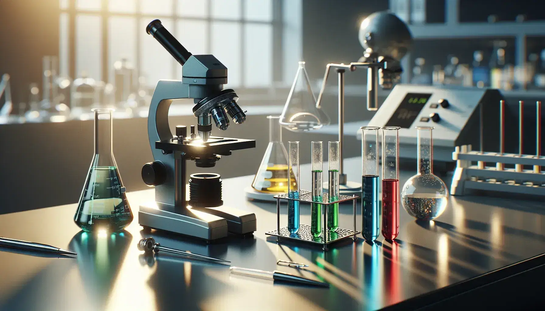 Mesa de laboratorio con microscopio, tubos de ensayo con líquidos de colores, matraz Erlenmeyer, pipeta y balanza analítica en fondo desenfocado.