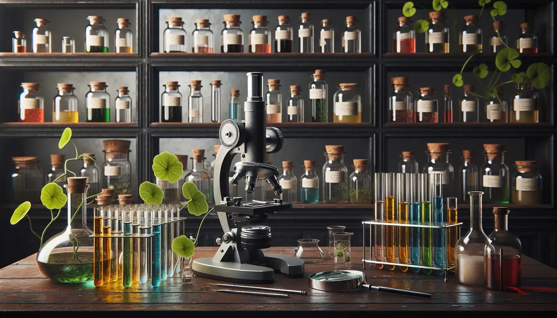 Microscopio compuesto metálico sobre mesa de madera en laboratorio de biología, junto a tubos de ensayo con líquidos coloridos y planta con flores rosadas.