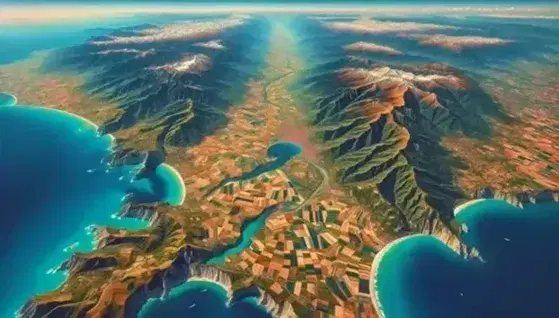Veduta aerea di una regione italiana con costa sabbiosa, mare blu, colline verdi, campi coltivati e montagne innevate.