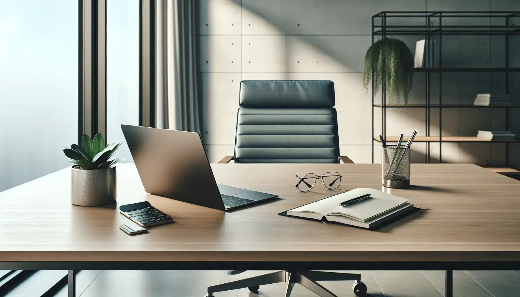 Oficina moderna y luminosa con mesa de madera, silla ergonómica azul, portátil, gafas, libreta y planta, bajo una ventana con cielo despejado.