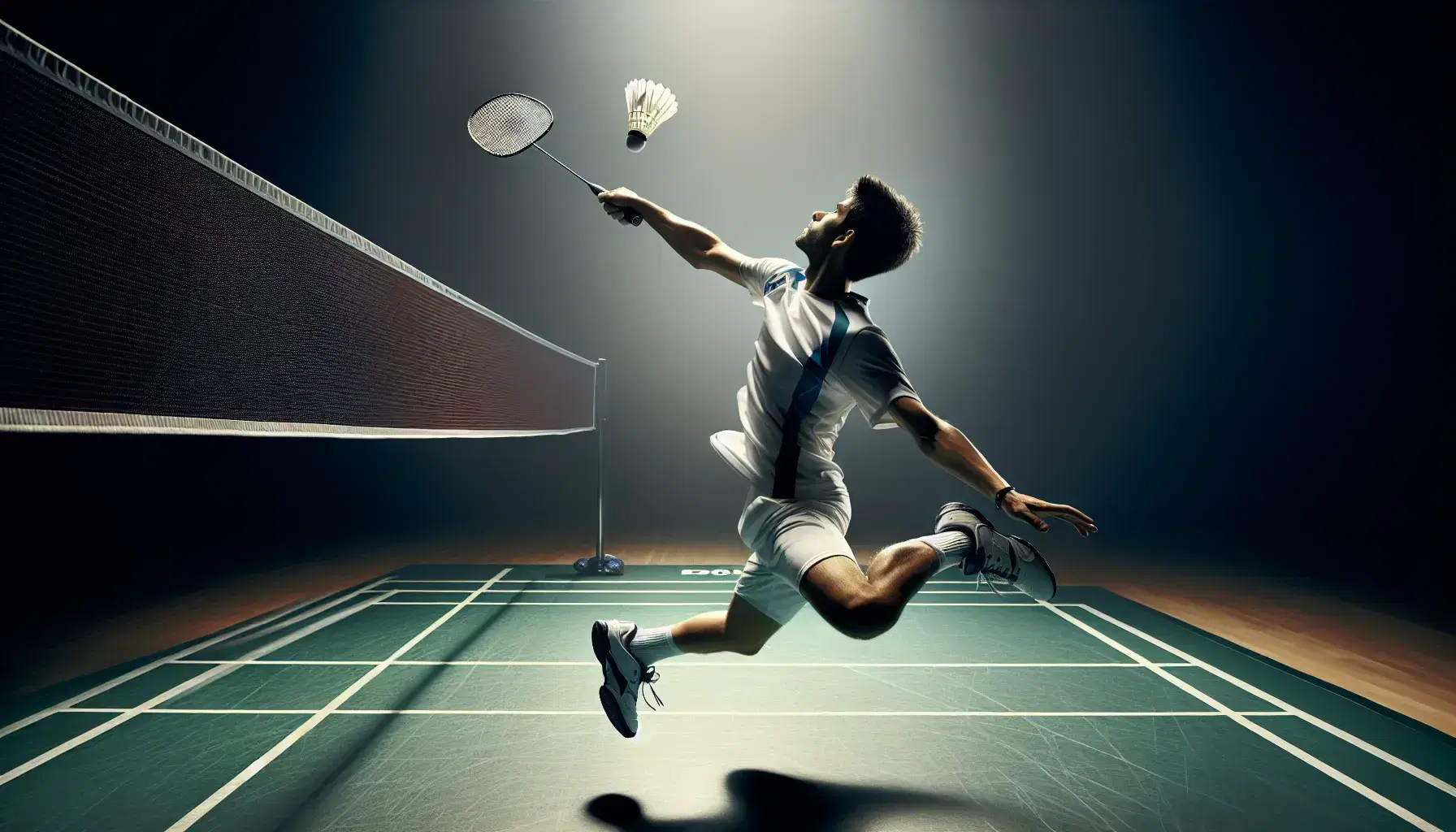Giocatore di badminton in tenuta bianca e blu salta per colpire volano sospeso sopra la rete in campo da gioco illuminato.
