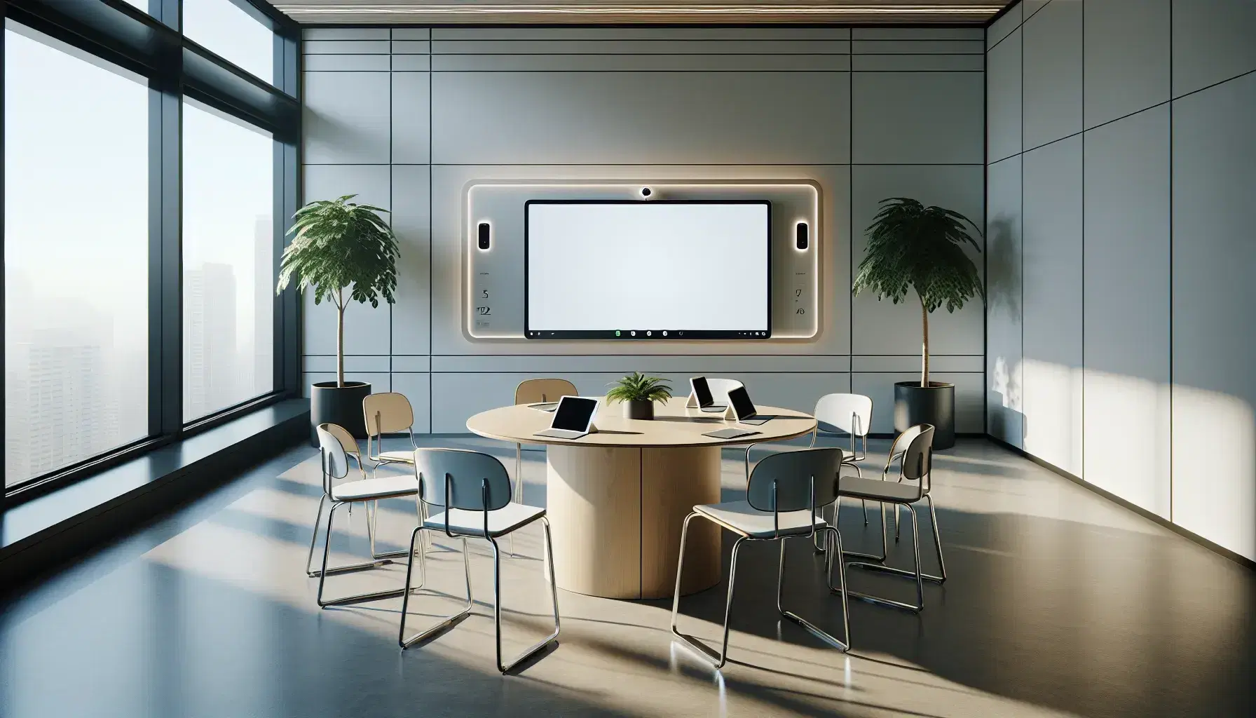 Modern and bright classroom with circular table, white chairs, digital tablets, lit interactive whiteboard and green plant, windows with shutters.