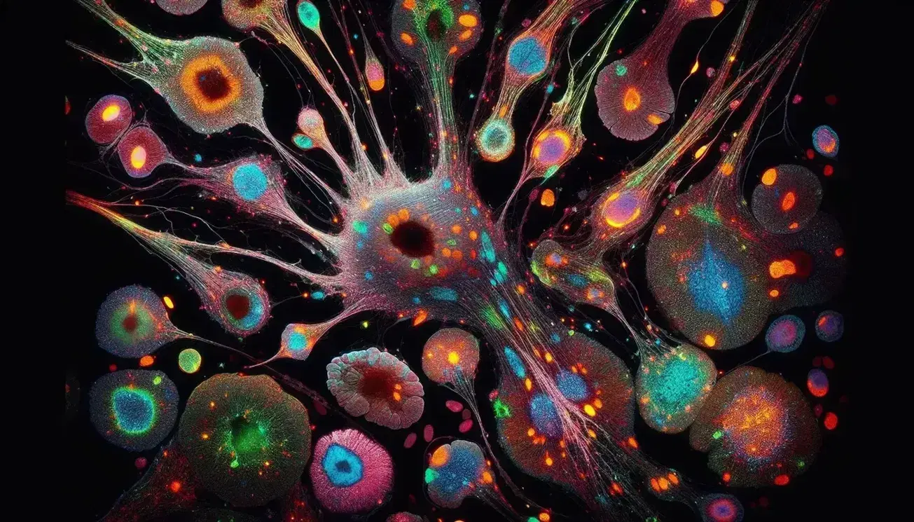 Vista microscópica de tejido cerebral con células neuronales y gliales destacadas en verdes, azules y rojos por técnica de inmunofluorescencia.