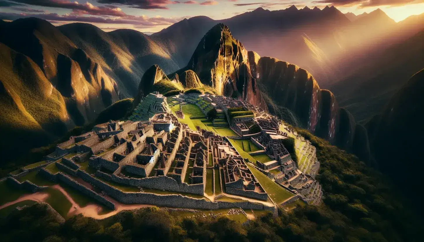 Veduta aerea delle rovine di Machu Picchu al tramonto con cielo arancione e rosa, ombre lunghe e montagne sfumate sullo sfondo.