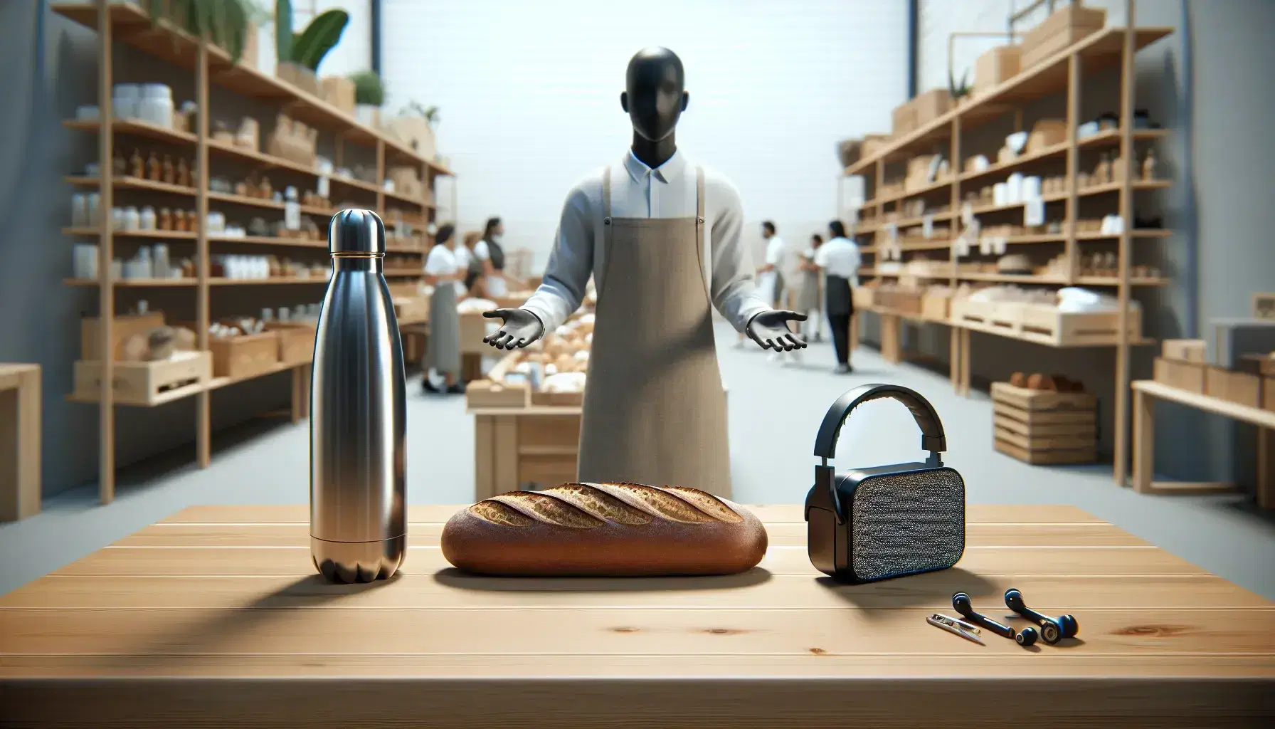 Modern marketplace with a wooden table displaying a stainless steel water bottle, artisanal bread, and wireless headphones, with an apron-clad vendor behind.