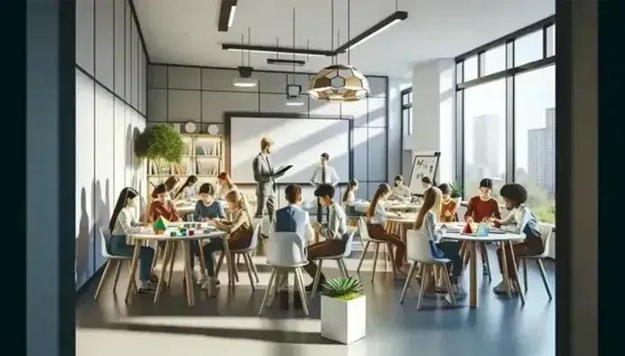 Aula moderna e luminosa con studenti intorno a tavoli rotondi, insegnante vicino alla lavagna bianca, schermo interattivo spento e pianta verde.