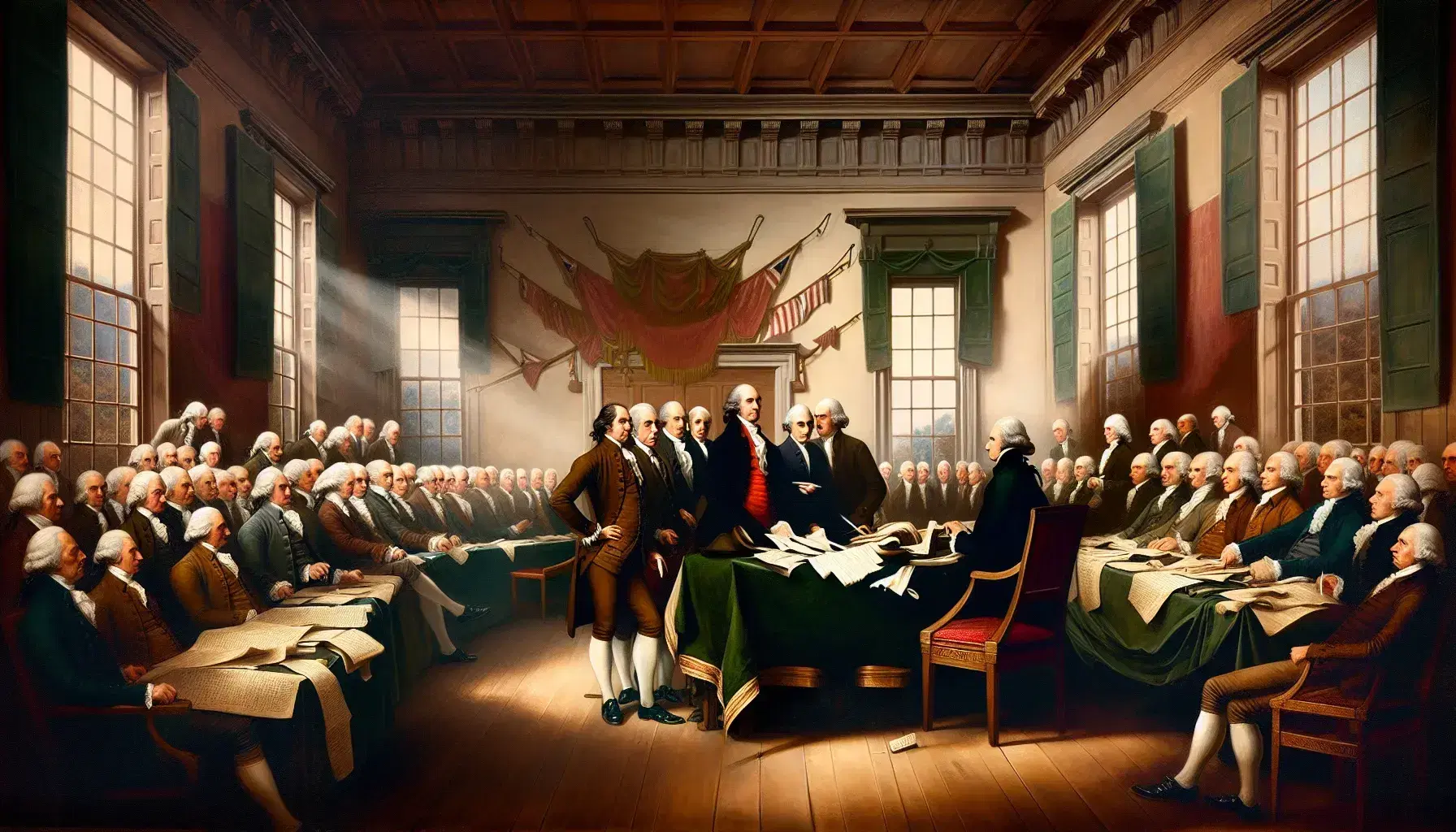 Delegates at the 1787 Constitutional Convention engage in debate around a table with quills and parchment, in a room with bookshelves and a fireplace.