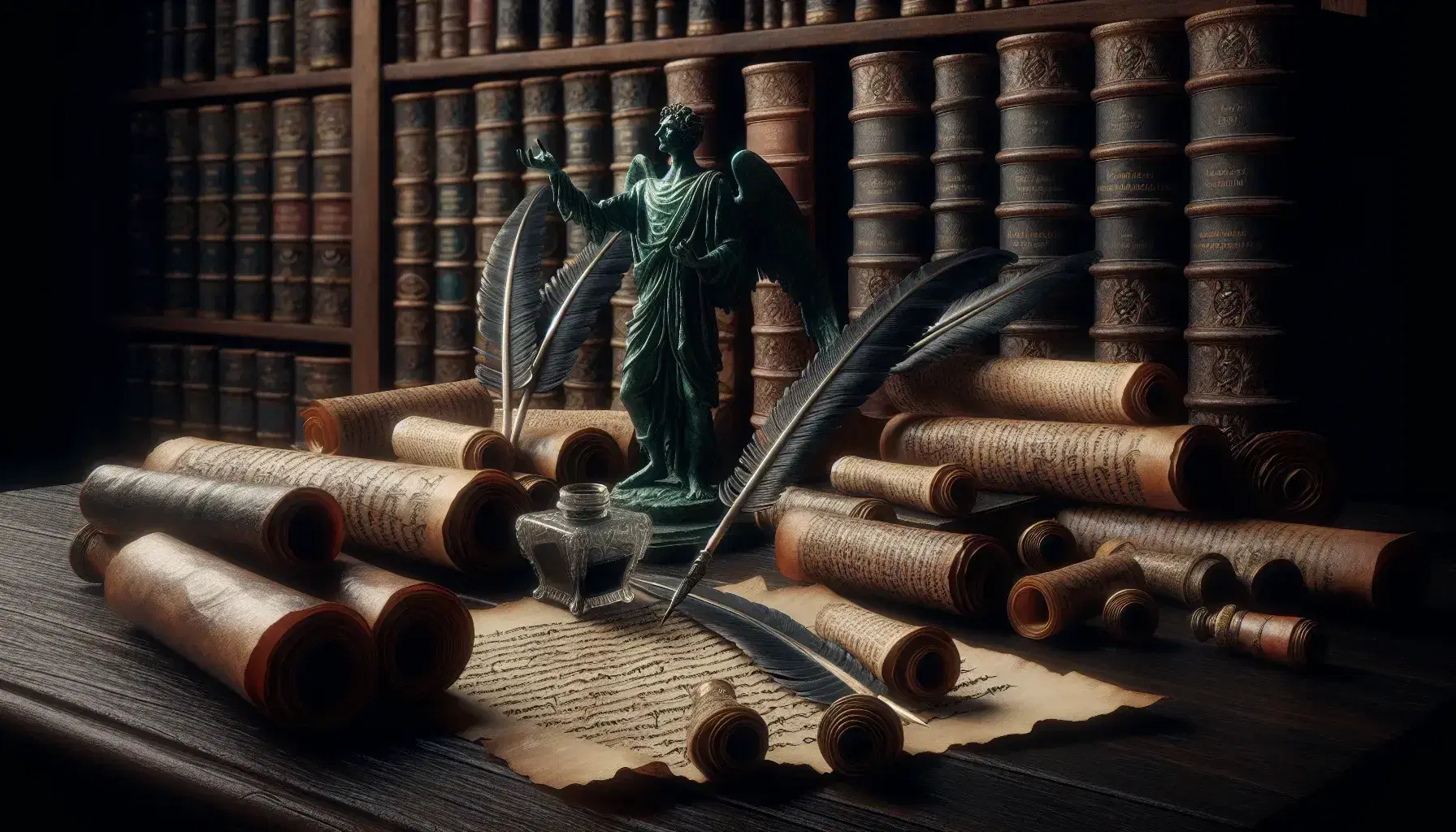 Rotoli di pergamena antichi su tavolo in legno scuro con penne d'oca, calamaio e statuetta in bronzo, sfondo sfocato di libreria.