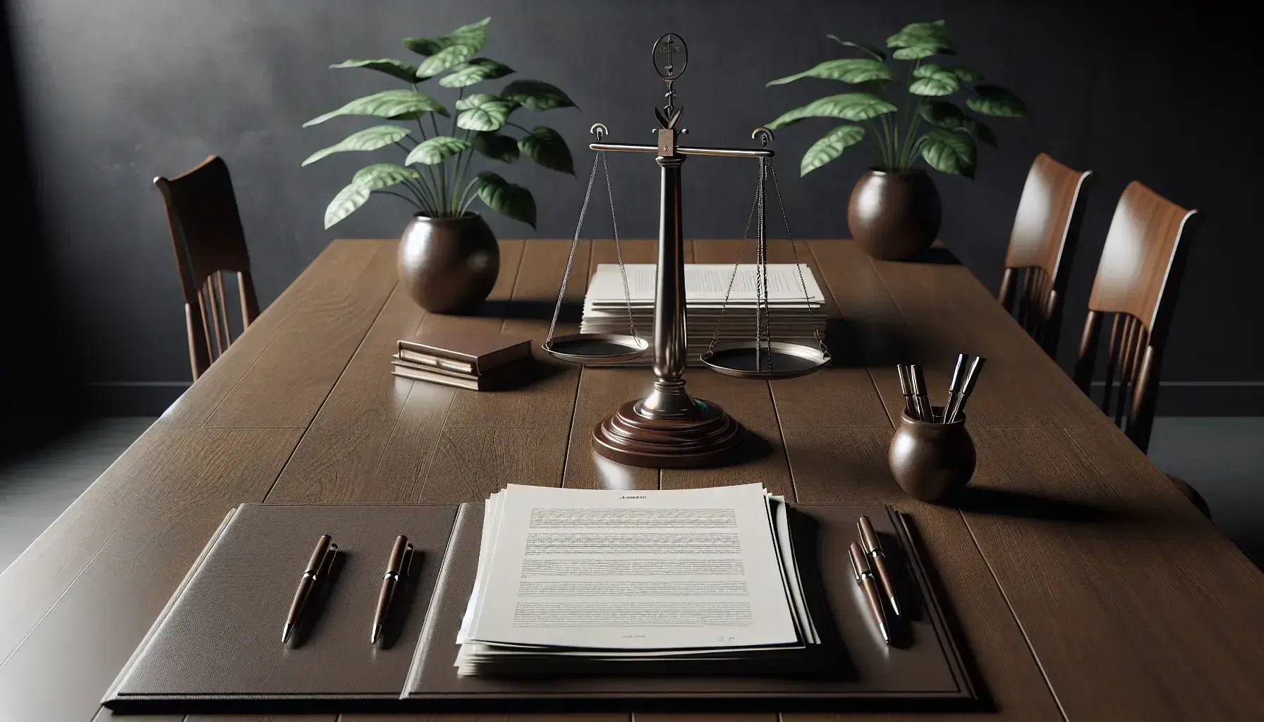 Mesa de madera oscura con sillas a juego, documentos apilados, bolígrafos metálicos y balanza de justicia sobre pedestal, junto a planta verde.