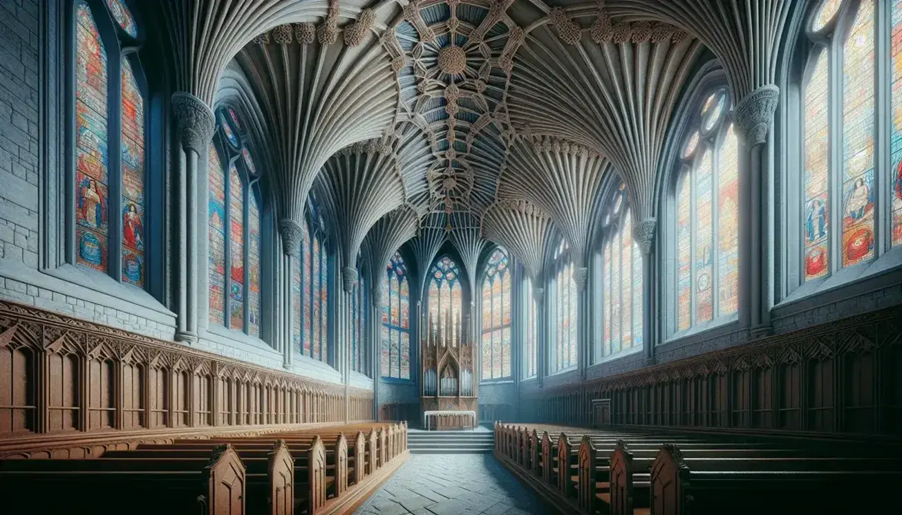 Interior of a Gothic church with pointed arches, ribbed vaulted ceiling, polychrome stained glass windows without writing and wooden benches leading to the altar.