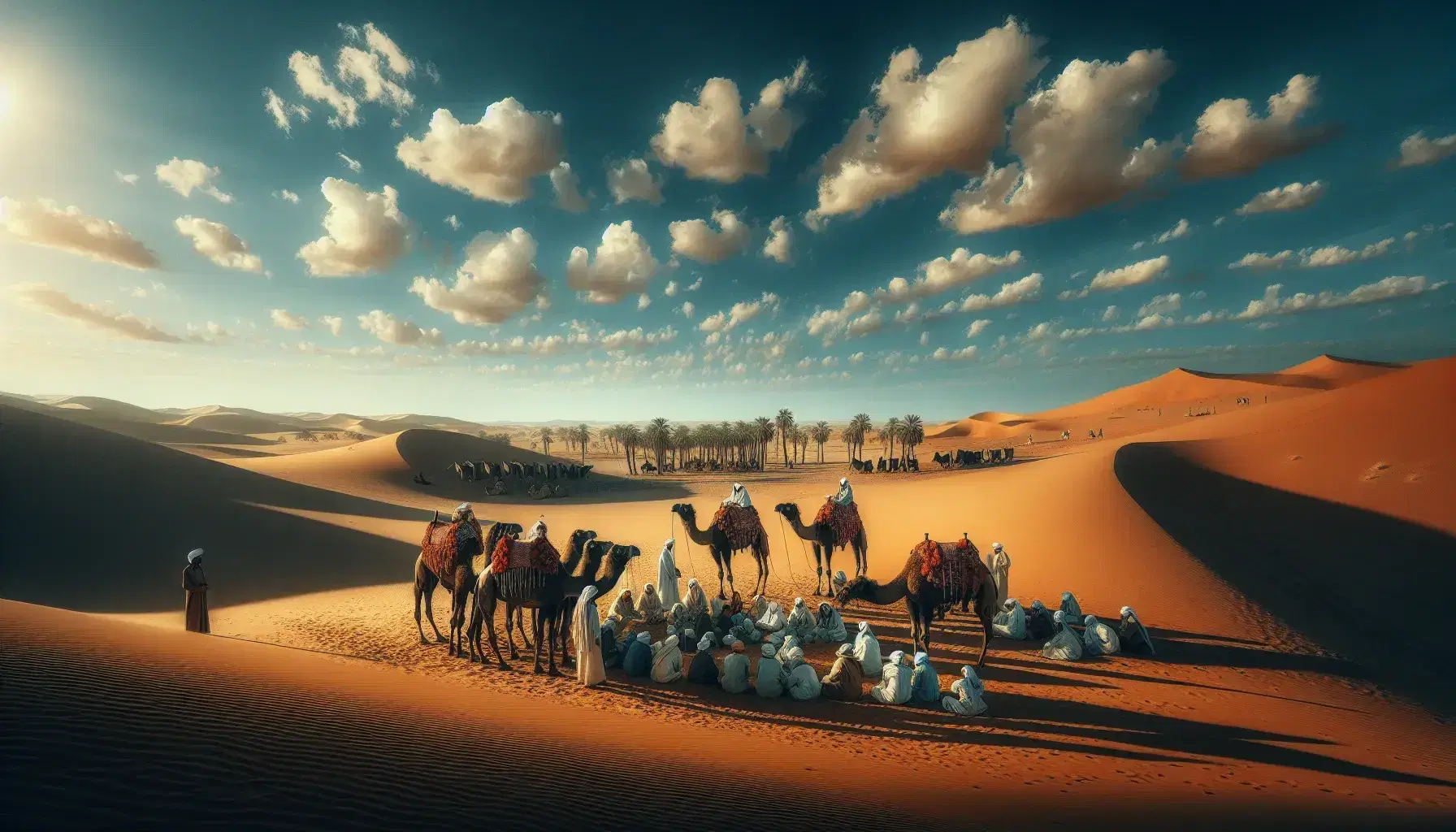 Paesaggio desertico con Beduini in abiti tradizionali intorno a cammelli, tende in lontananza e oasi con palme sotto cielo azzurro.