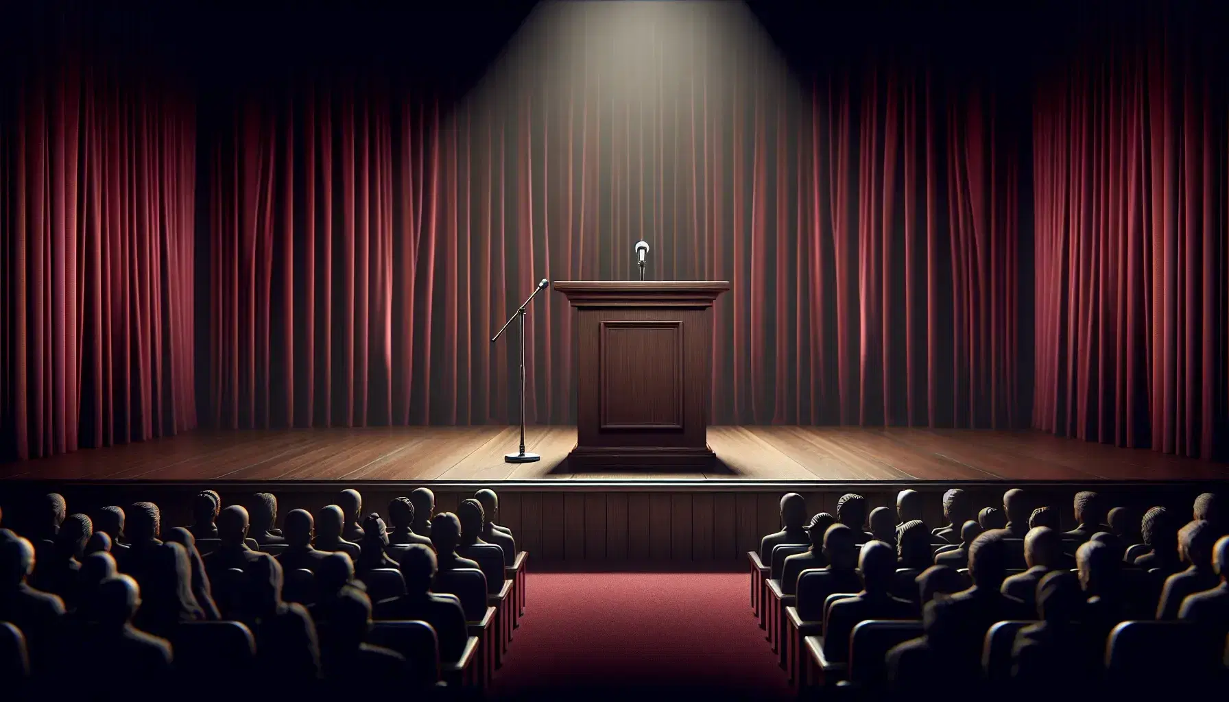Podio de madera marrón oscuro en un escenario iluminado con cortinas rojas de terciopelo detrás, micrófono a la izquierda y silla con cojín rojo a la derecha, frente a una audiencia atenta.