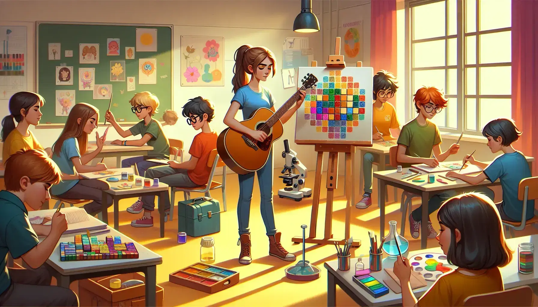 Aula scolastica colorata con studenti assortiti: ragazza suona chitarra, ragazzo dipinge, altro risolve cubo di Rubik, bambina esplora al microscopio.