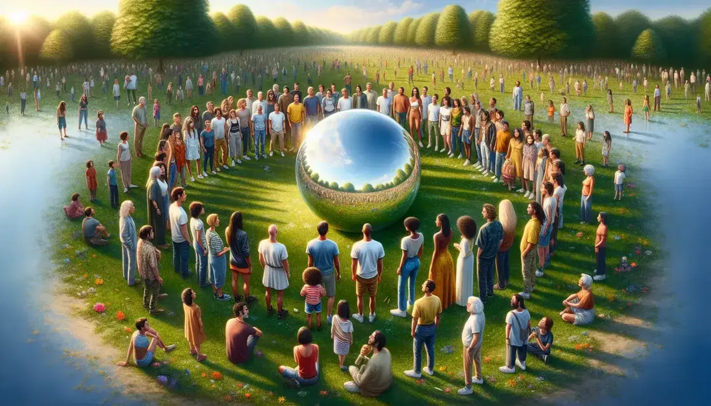 Gruppo multietnico rilassato in cerchio su prato verde con sfera di vetro riflettente al centro, sotto cielo azzurro e alberi.