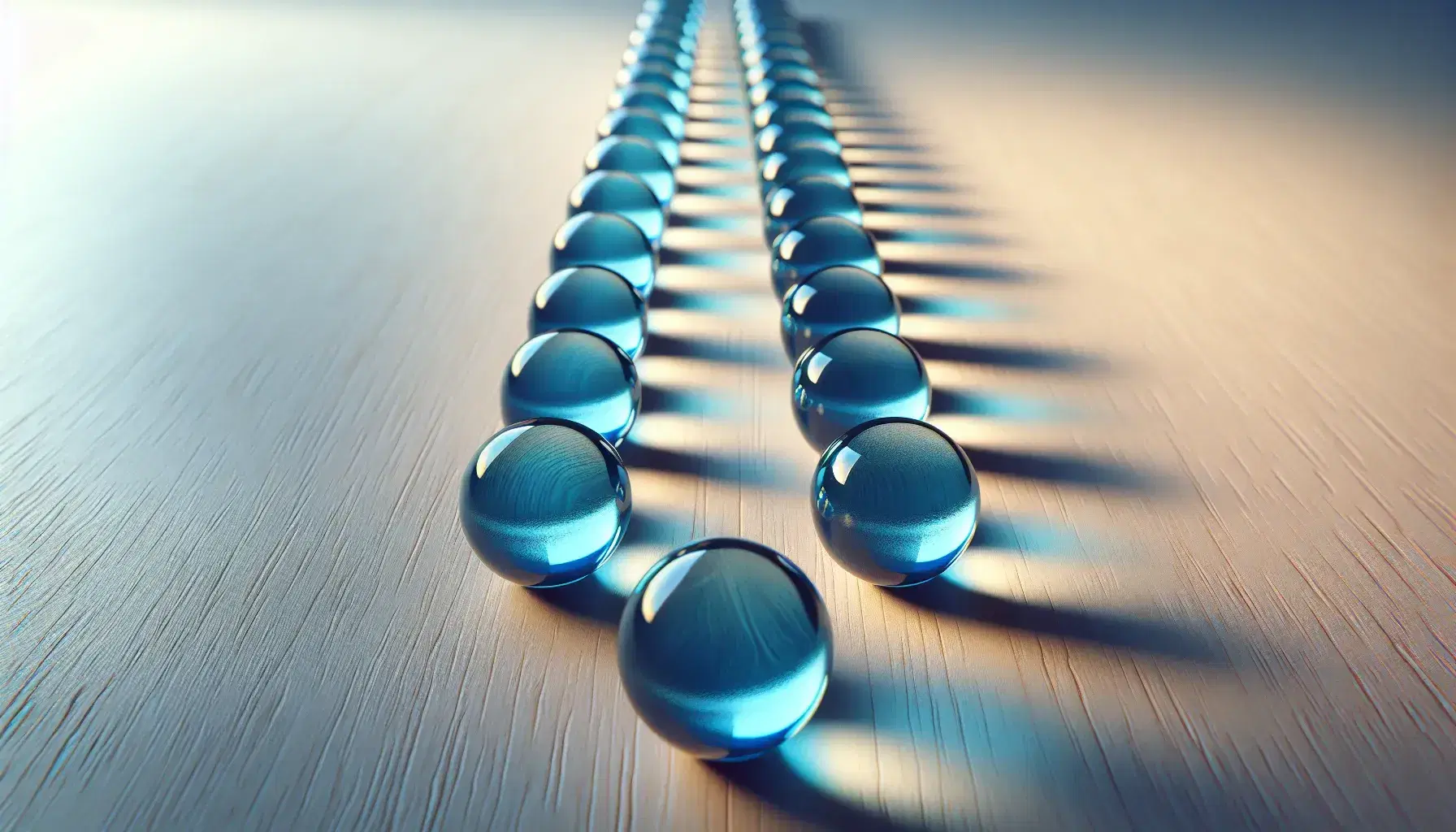 Blue glass marbles in a straight line on a light wooden surface, reflecting ambient light with a soft shadow in the background.