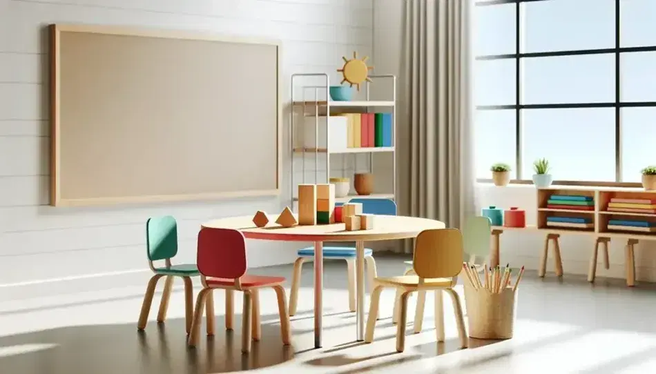 Aula escolar luminosa con mesa redonda de madera y sillas plásticas de colores, bloques geométricos sobre la mesa, pizarra blanca y planta verde.