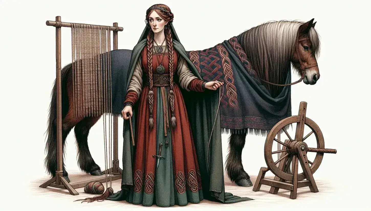 Viking woman in traditional Norse attire with a distaff stands beside an Icelandic horse, near a loom and silver pendant, with a thatched longhouse background.