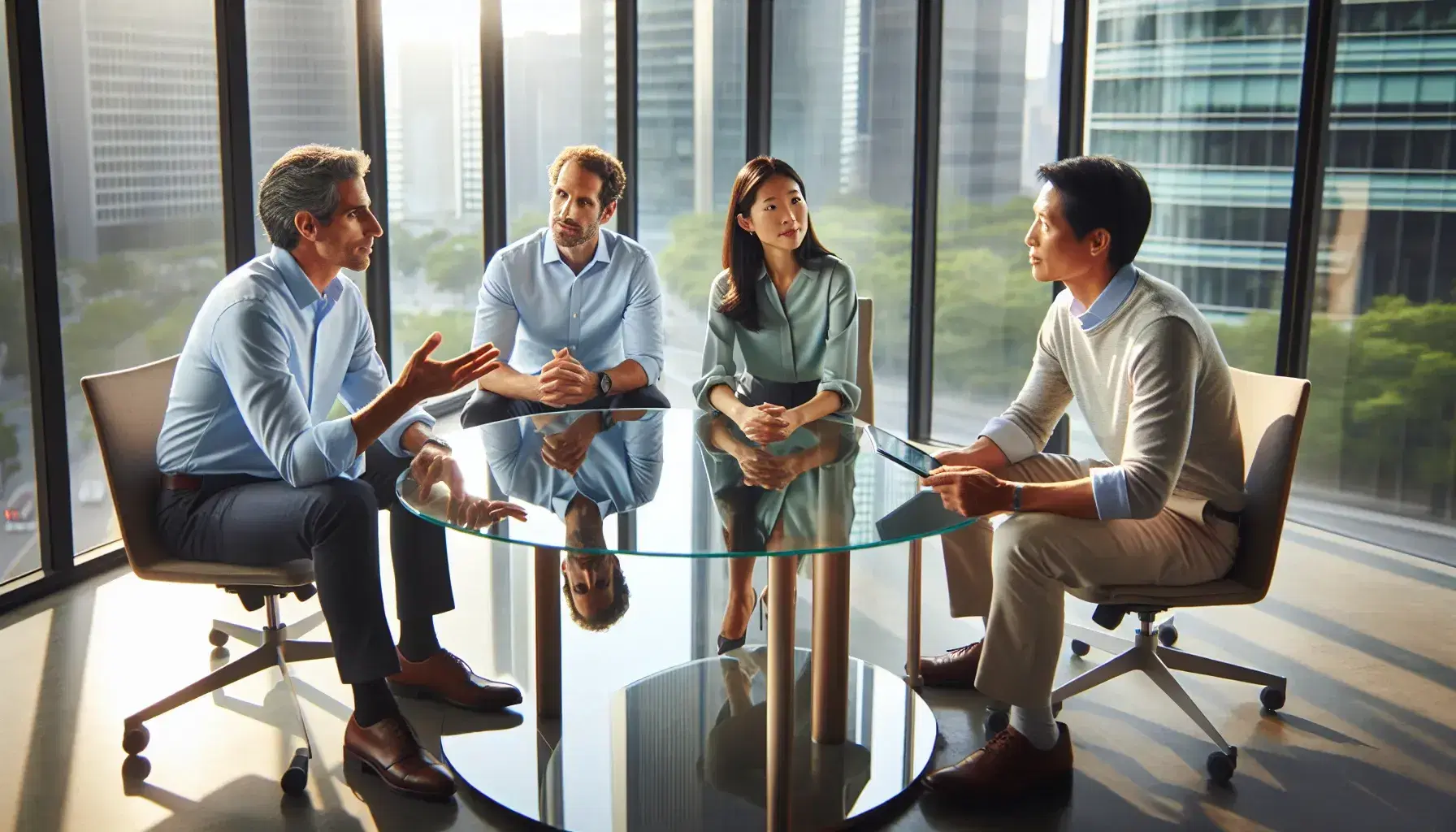 Four professionals in a discussion around a glass table in a sunlit office, with one man gesturing an idea and a woman taking notes on a tablet.