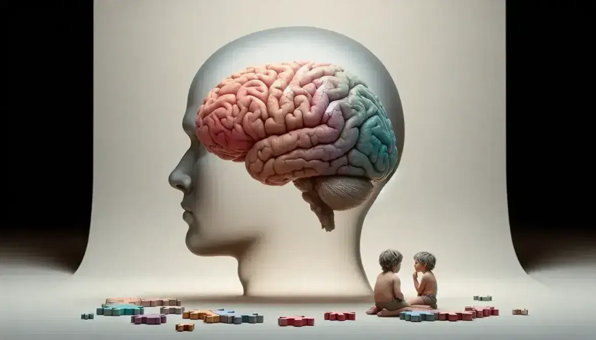 Cervello umano dettagliato al centro, figura adulta e bambino interagiscono a sinistra, puzzle colorato parzialmente assemblato a destra.