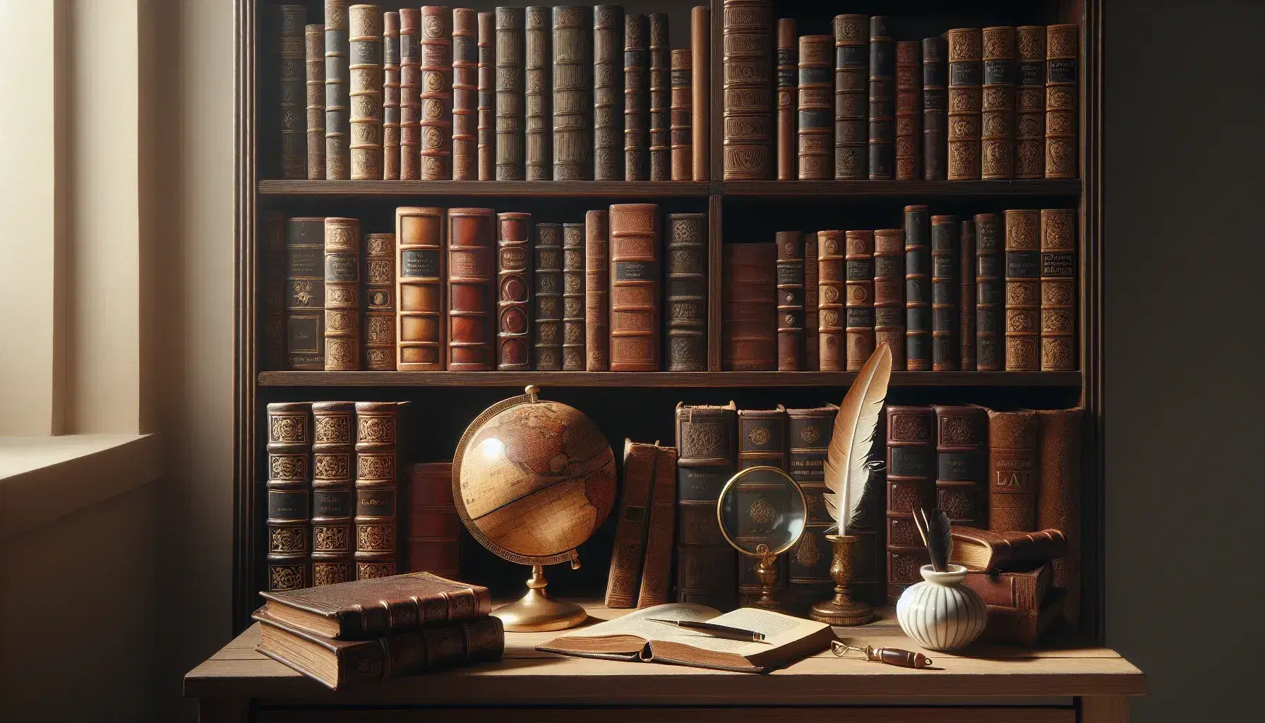 Estantería de madera oscura con libros antiguos de lomo de cuero, globo terráqueo antiguo, lupa y tintero con pluma sobre mesa de madera clara.