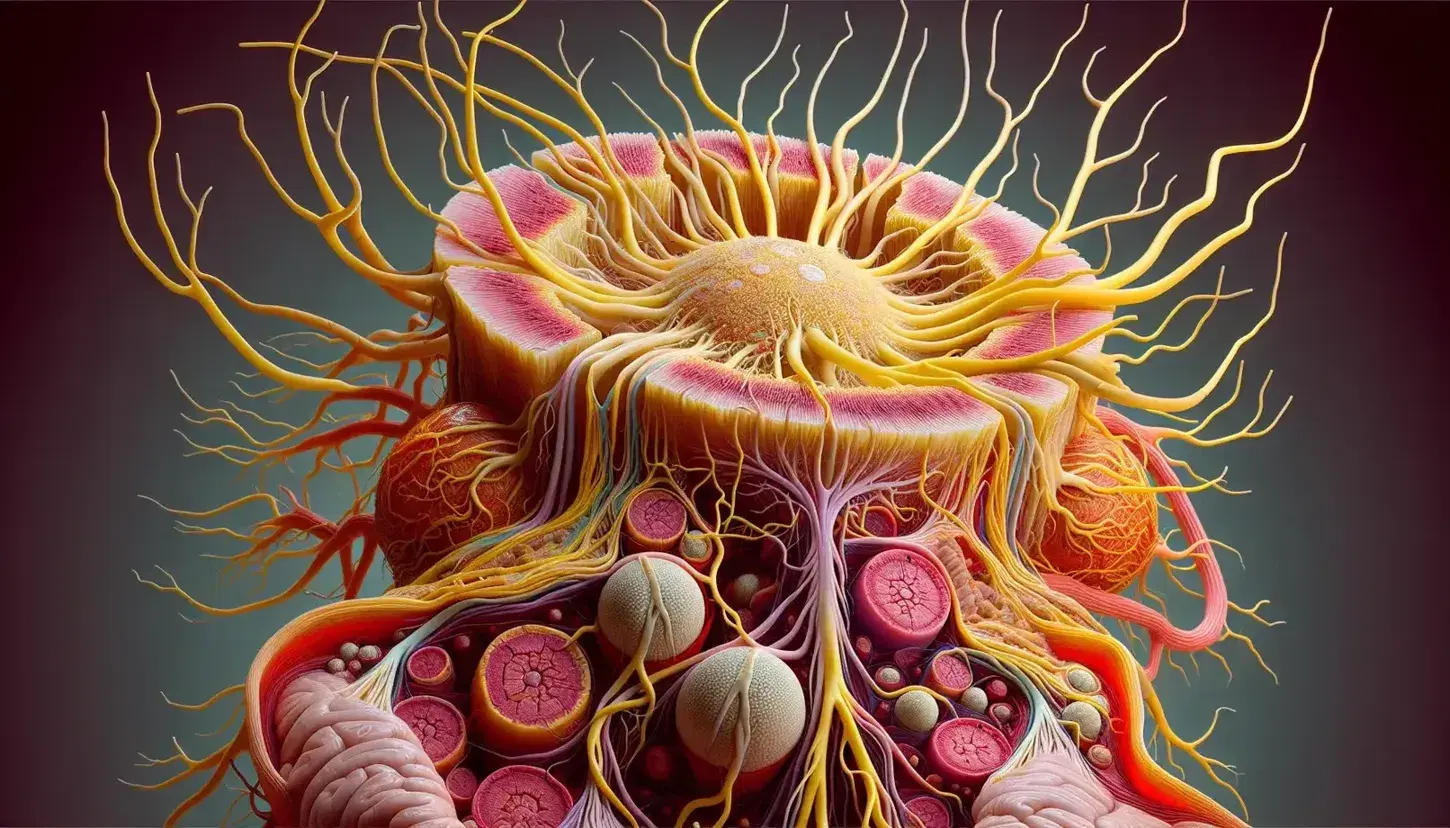 Rappresentazione colorata del sistema nervoso con tronco nervoso centrale e filamenti che si collegano a un cuore rosso e a strutture intestinali rosa.