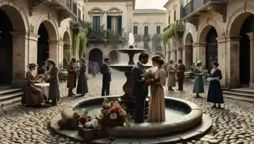Plaza adoquinada con fuente de piedra y parejas en atuendos de época, hombre ofreciendo ramo a mujer, edificios antiguos y cielo despejado.