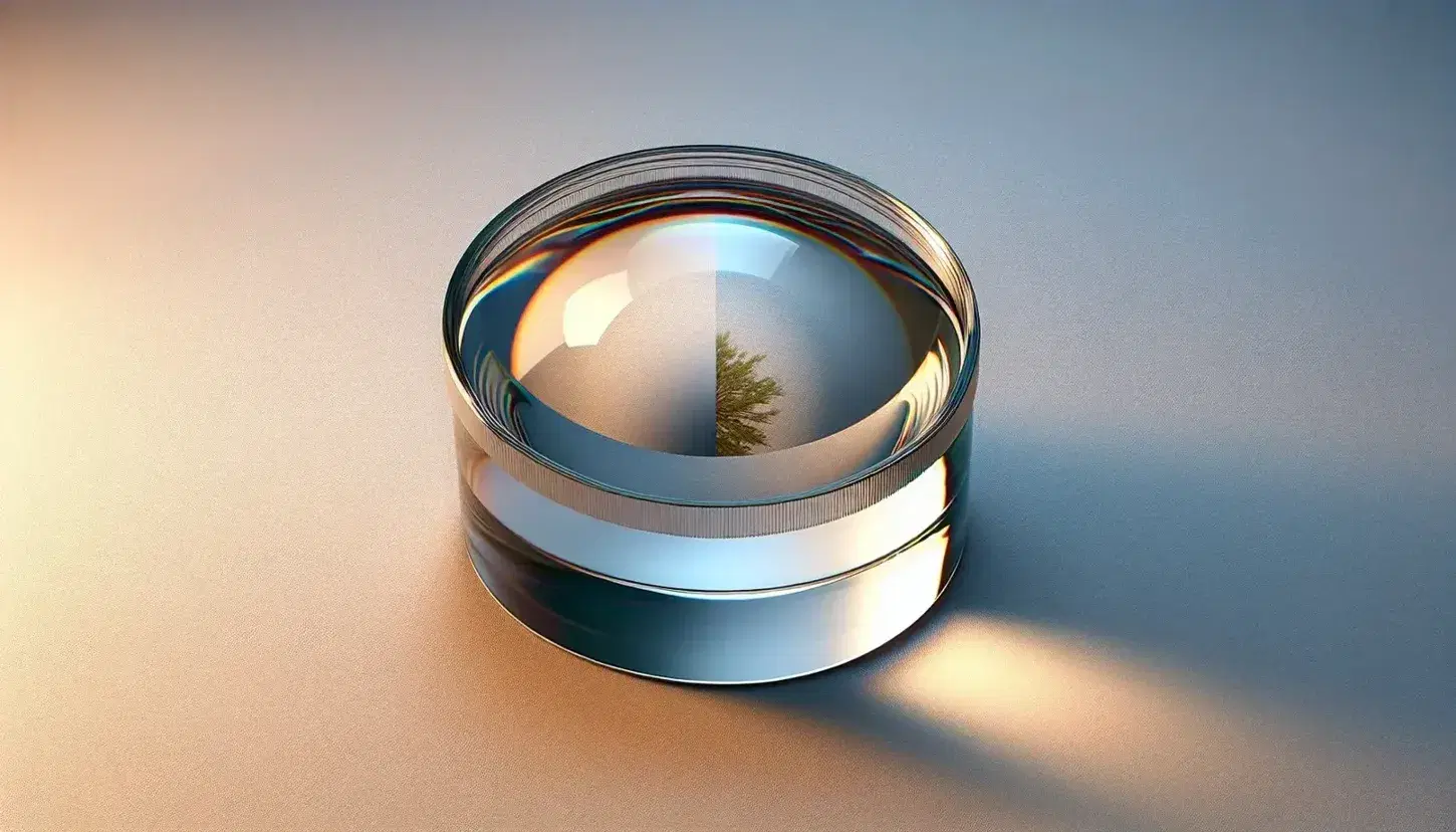 Biconvex glass lens on a solid background magnifying and inverting a detailed tree image, with light refraction creating a subtle color spectrum.