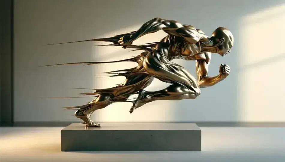 Scultura in bronzo di figura umanoide in movimento con superfici lisce e linee fluide su piedistallo neutro, riflettendo luce dorata.