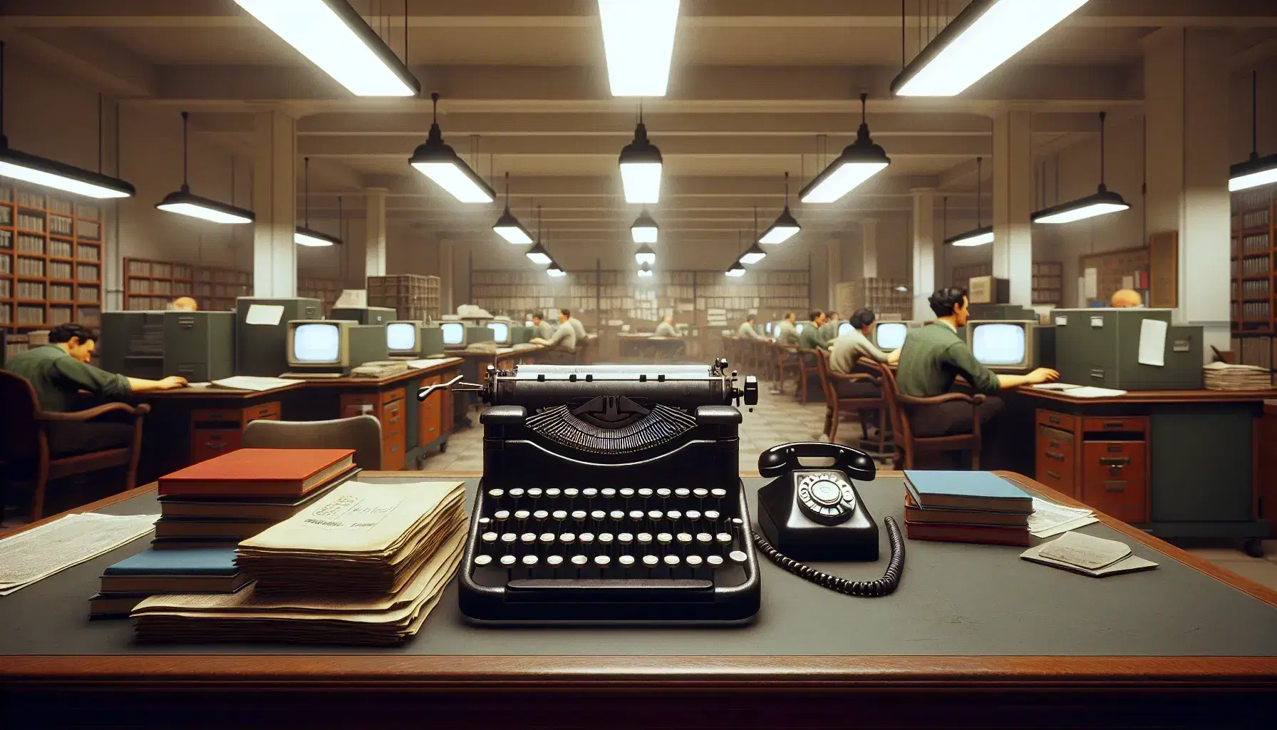 Sala de redacción de periódico con máquina de escribir antigua y teléfono de disco en primer plano, y empleados trabajando en computadoras en el fondo.