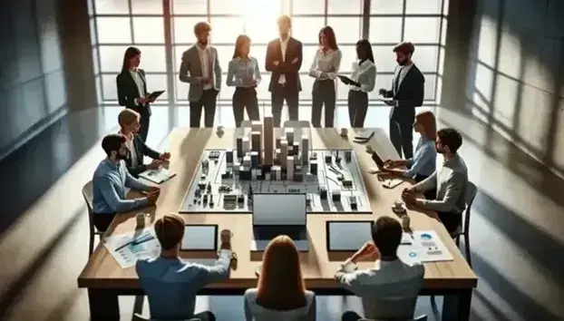 Grupo de cinco profesionales en reunión de trabajo alrededor de una mesa con laptops, tablet, smartphones, papeles y un prototipo de producto.