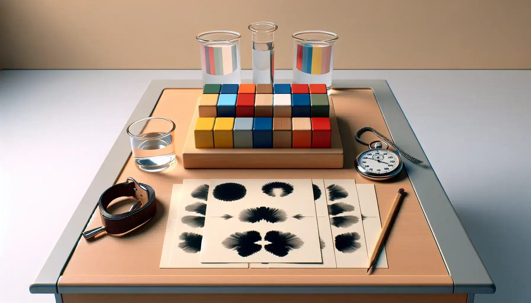 Clinical environment with desk and cognitive testing materials: colored blocks, stopwatch, papers with ink stains and wire human figure.
