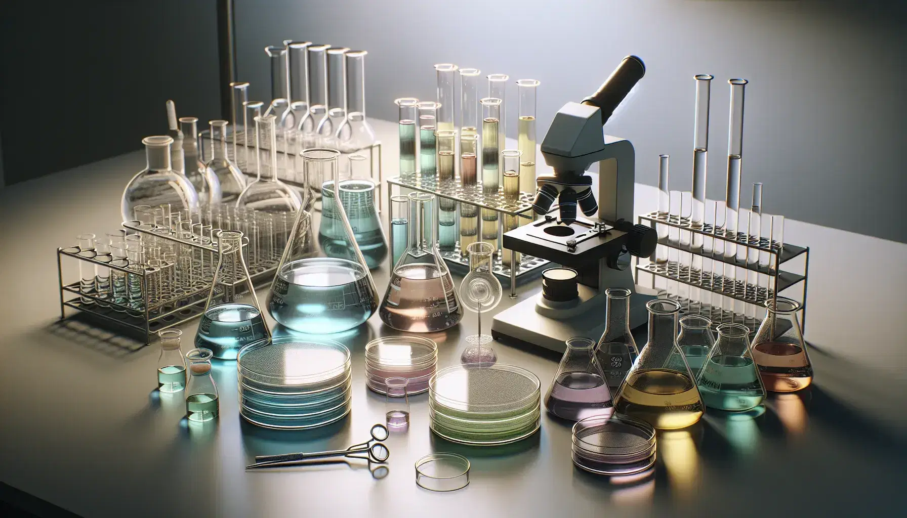 Science laboratory with test tubes, beakers and petri dishes containing colored liquids and microscope in the background.