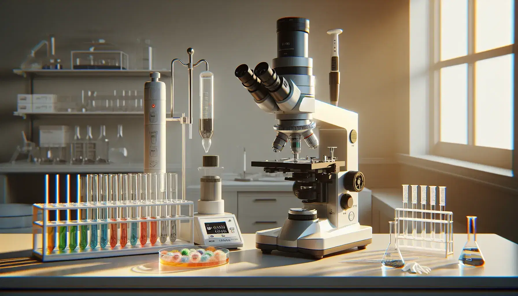 Microscopio electrónico en laboratorio con tubos de ensayo de colores, pipeta automática y plato de Petri sobre mesa de trabajo, reflejando precisión y orden.