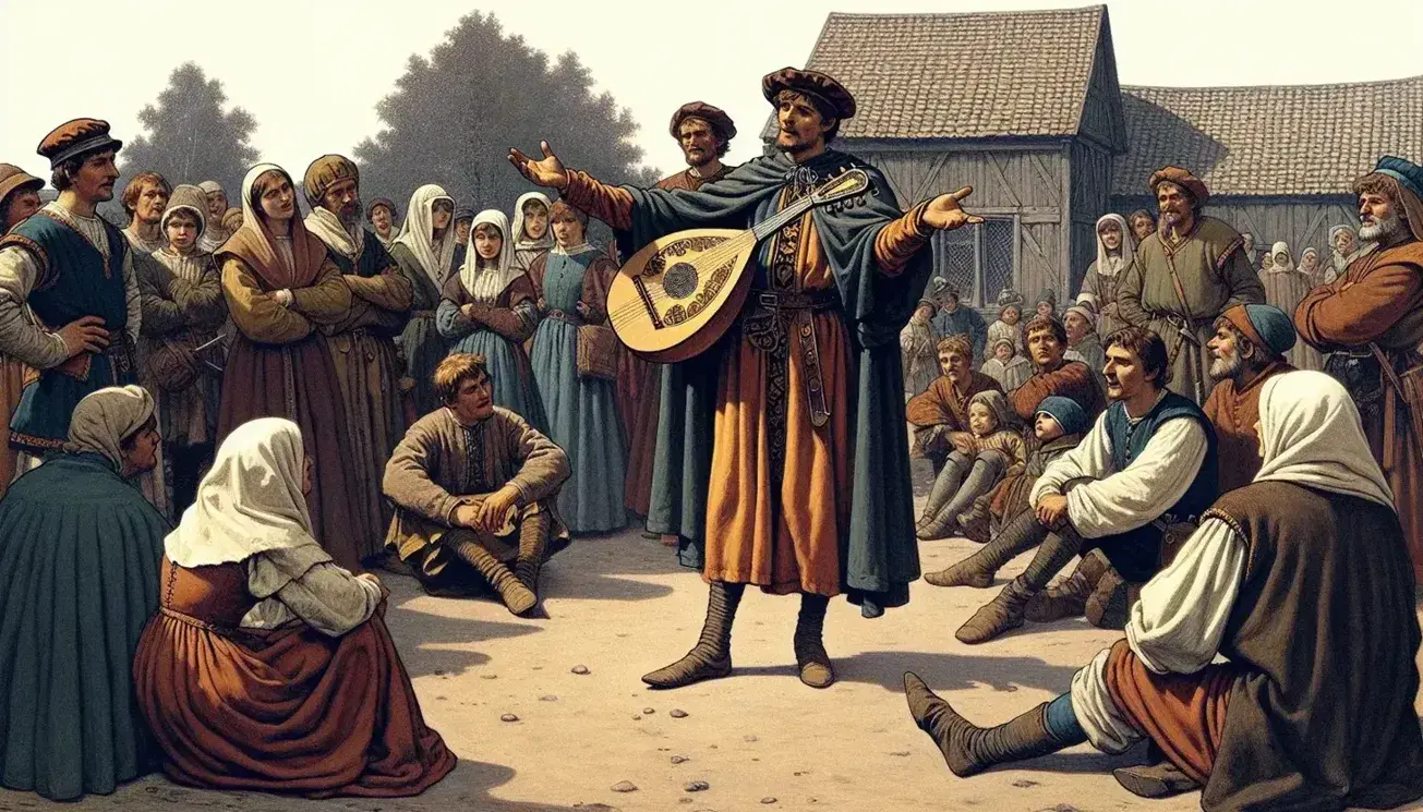 Menestrel medieval tocando laúd y narrando historias a un público atento en una plaza del pueblo, vestidos con ropas de época bajo un cielo azul.