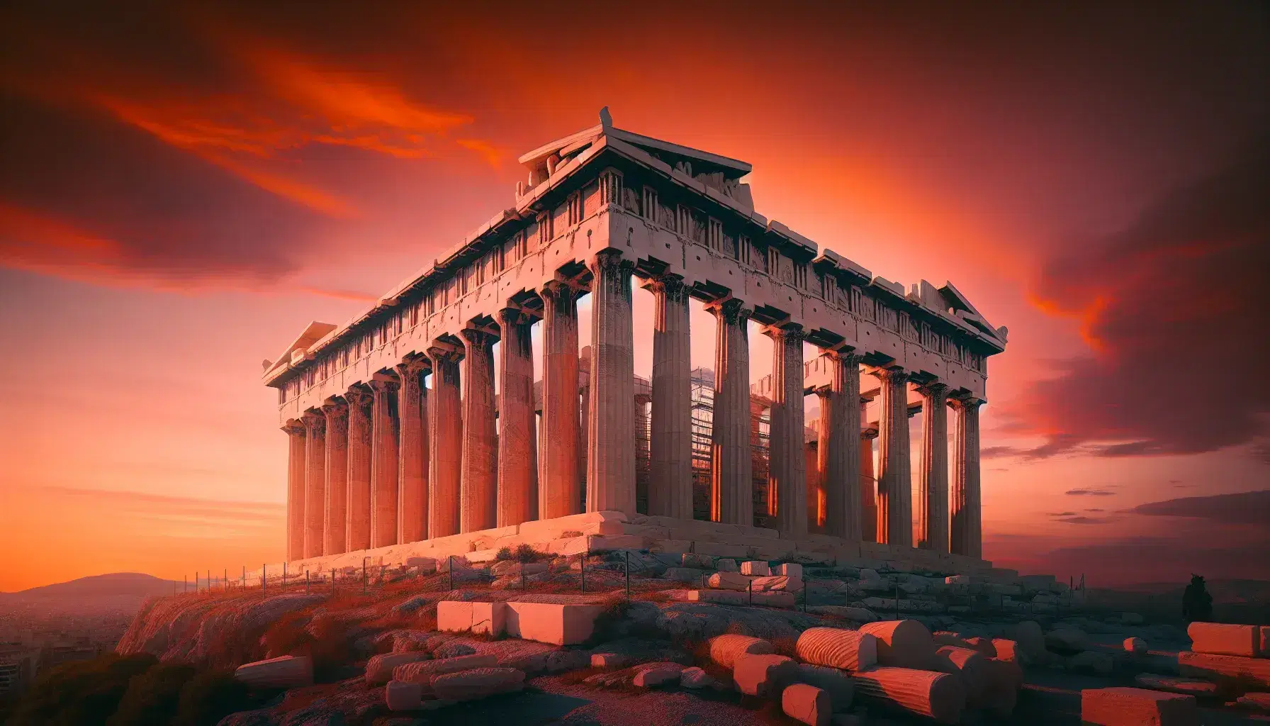 Tramonto sul Partenone con cielo arancione e rosa, colonne doriche in marmo bianco e pedimento triangolare in silhouette.