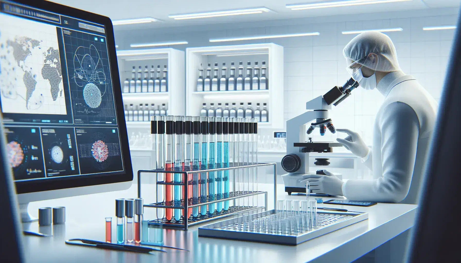 Laboratorio de investigación moderno con tubos de ensayo de colores en soporte metálico, microscopio avanzado y científico trabajando en dispositivo electrónico.
