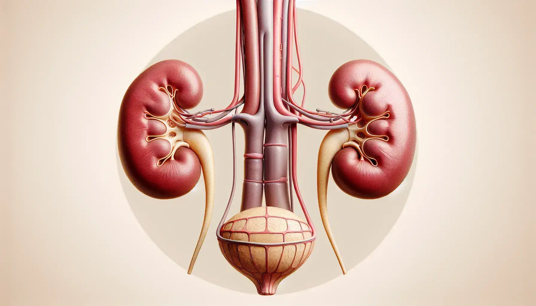 Vista anatómica del sistema urinario humano con riñones en rojo oscuro, ureteres en rosa claro, vejiga urinaria en rosa pálido y uretra, rodeados de tejido adiposo y muscular.