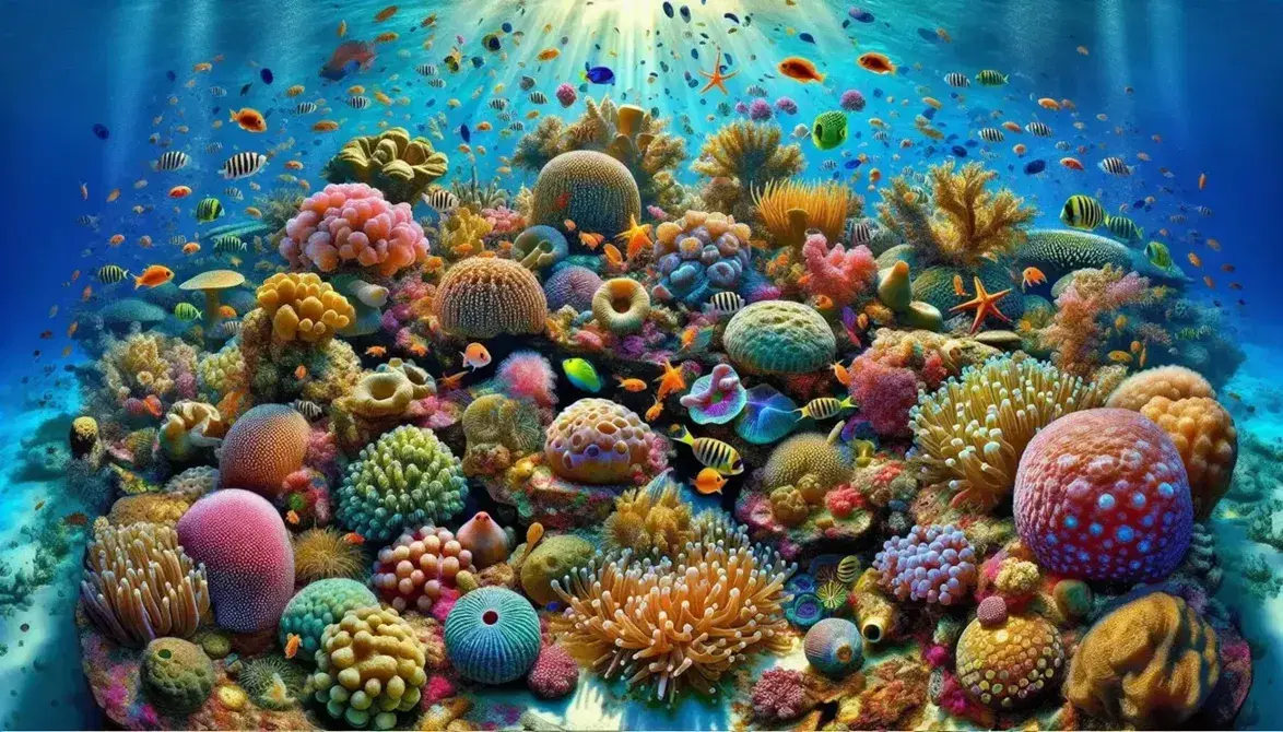 Arrecife de coral colorido con corales, estrellas de mar naranjas, anémonas, moluscos iridiscentes y peces de arrecife entre luz solar filtrada.