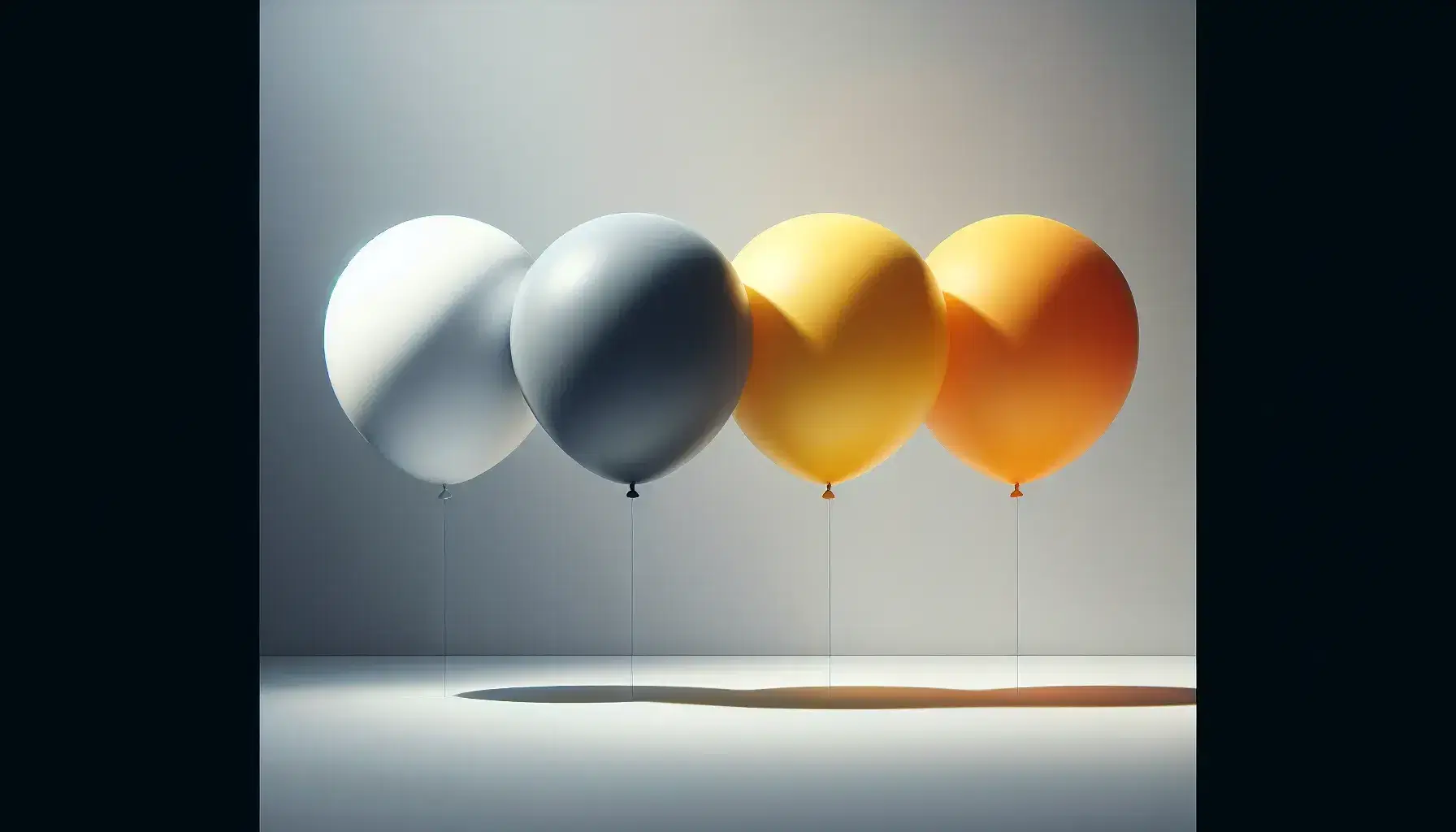 Palloncini colorati sospesi in aria su sfondo neutro, da sinistra bianco, grigio, giallo vivace e arancione caldo, senza ombre marcate.