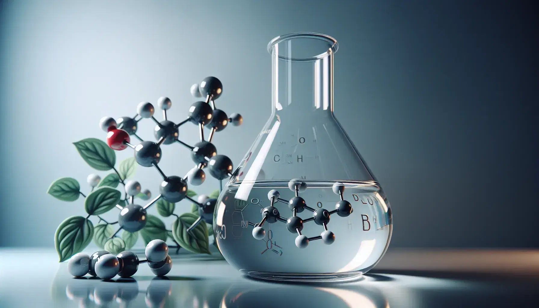Glass laboratory flask with colorless liquid and molecular model of an aldehyde next to it, green plant in the background in scientific environment.