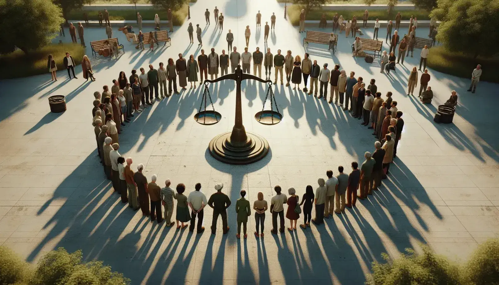 Grupo diverso de personas en círculo alrededor de una balanza de dos platos en parque, reflejando equilibrio y diálogo en tarde soleada.