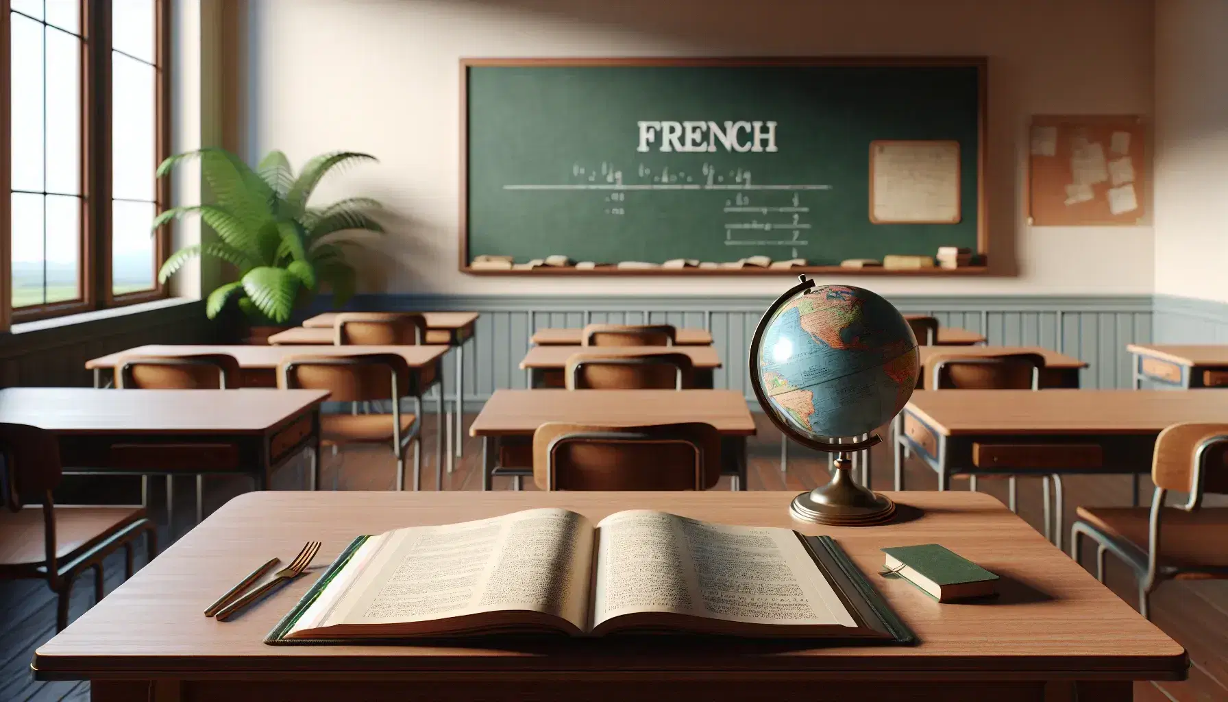 French language classroom with a polished teacher's desk, blank textbook, clean green chalkboard, globe, potted plant, and neat rows of student desks.