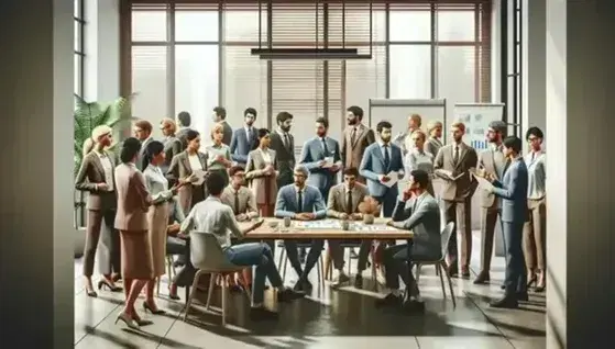 Grupo diverso de profesionales en reunión de trabajo alrededor de una mesa con documentos y dispositivos electrónicos en una sala iluminada.