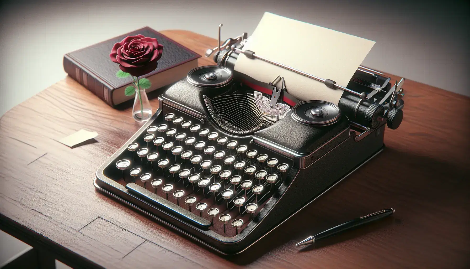 Vintage black typewriter on wooden desk with stack of white paper, open burgundy hardcover book, and red rose in glass vase.