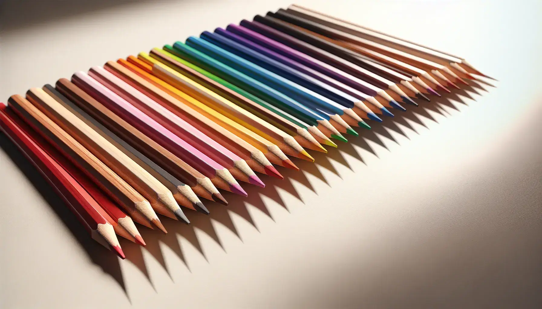 Colored pencils in rainbow order with tips pointing right on a white background, showcasing a spectrum from red to violet with unused pink erasers.