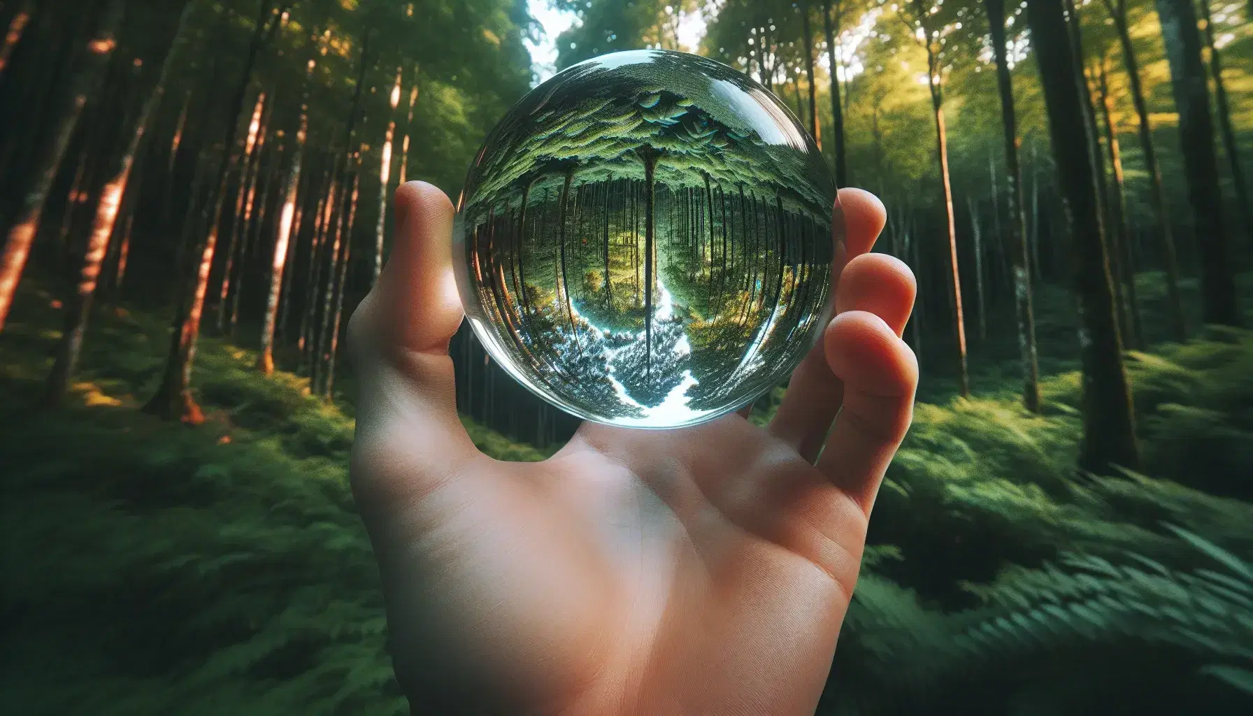 Hand holding a glass lens with an inverted, focused image of a vibrant green forest, contrasting with the softly blurred background foliage.