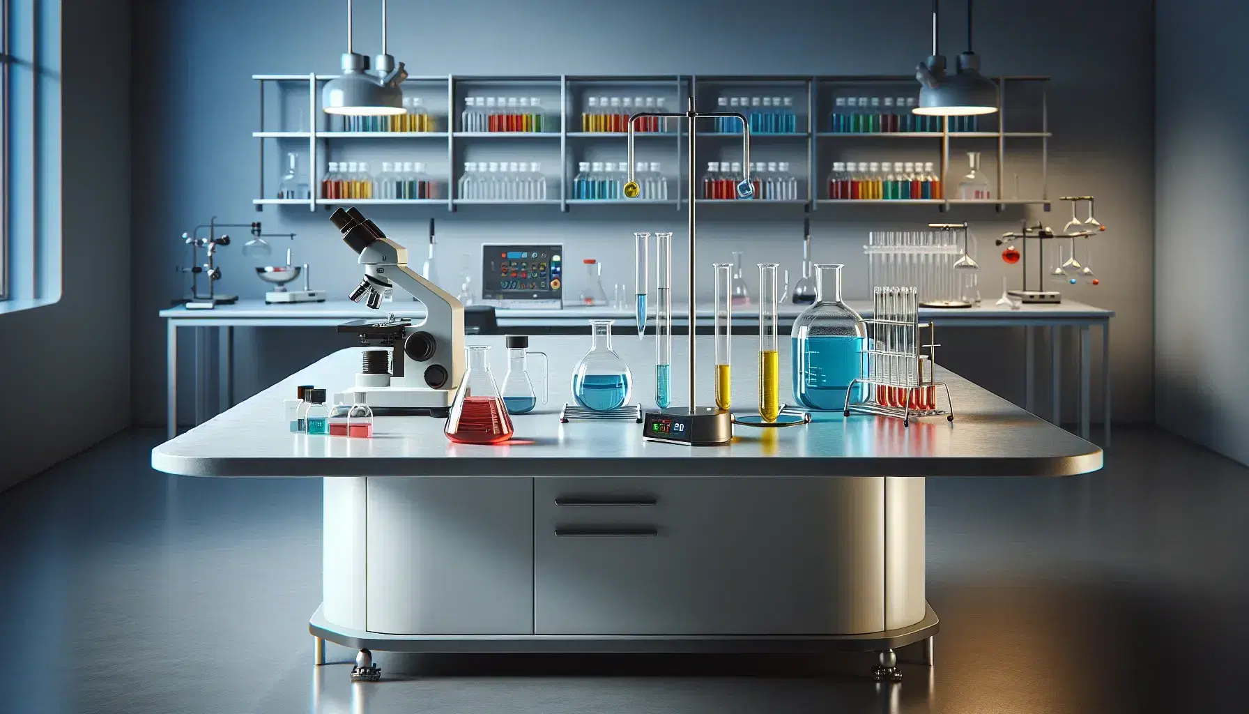 Laboratorio moderno con mesa de trabajo y frascos Erlenmeyer con líquidos de colores, pipetas de vidrio, microscopio y balanza digital, junto a científico preparando experimento.