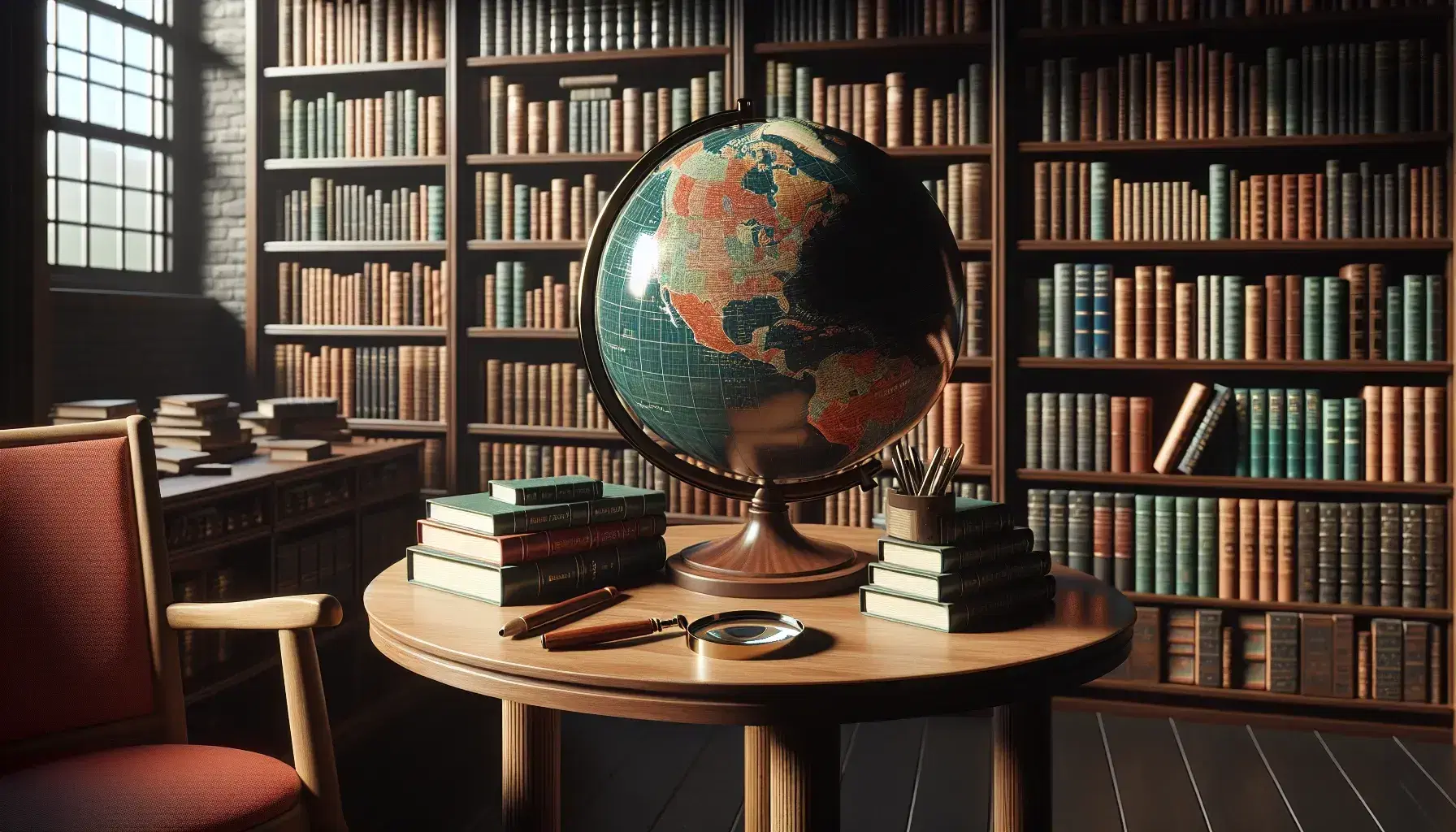 Biblioteca con estanterías de madera oscura llenas de libros coloridos, mesa con globo terráqueo y lupa, silla con cojín rojo y ventana que ilumina la habitación.