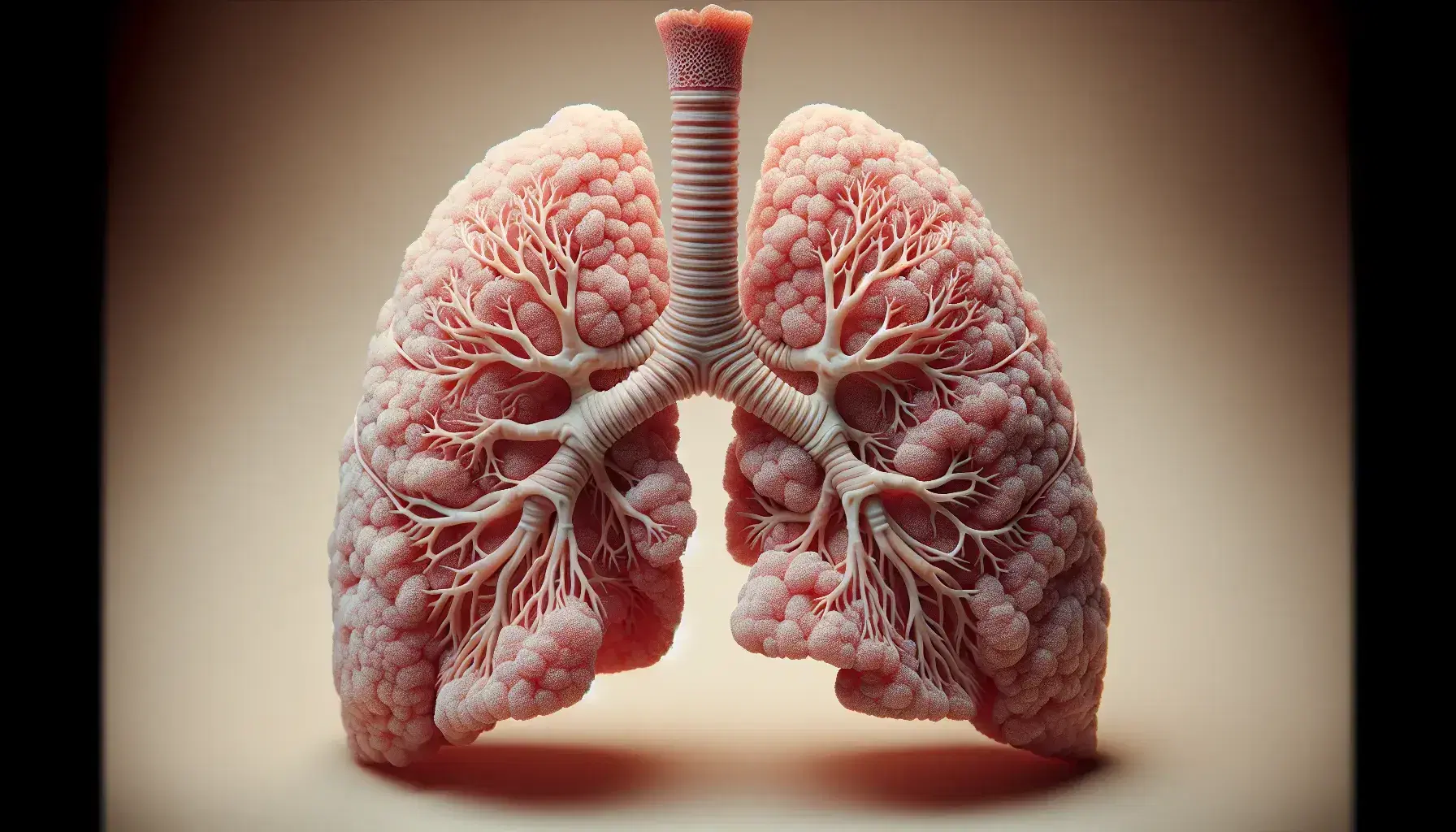 Pulmones humanos realistas con tráquea y árbol bronquial detallado, mostrando textura esponjosa y colores naturales en fondo neutro.