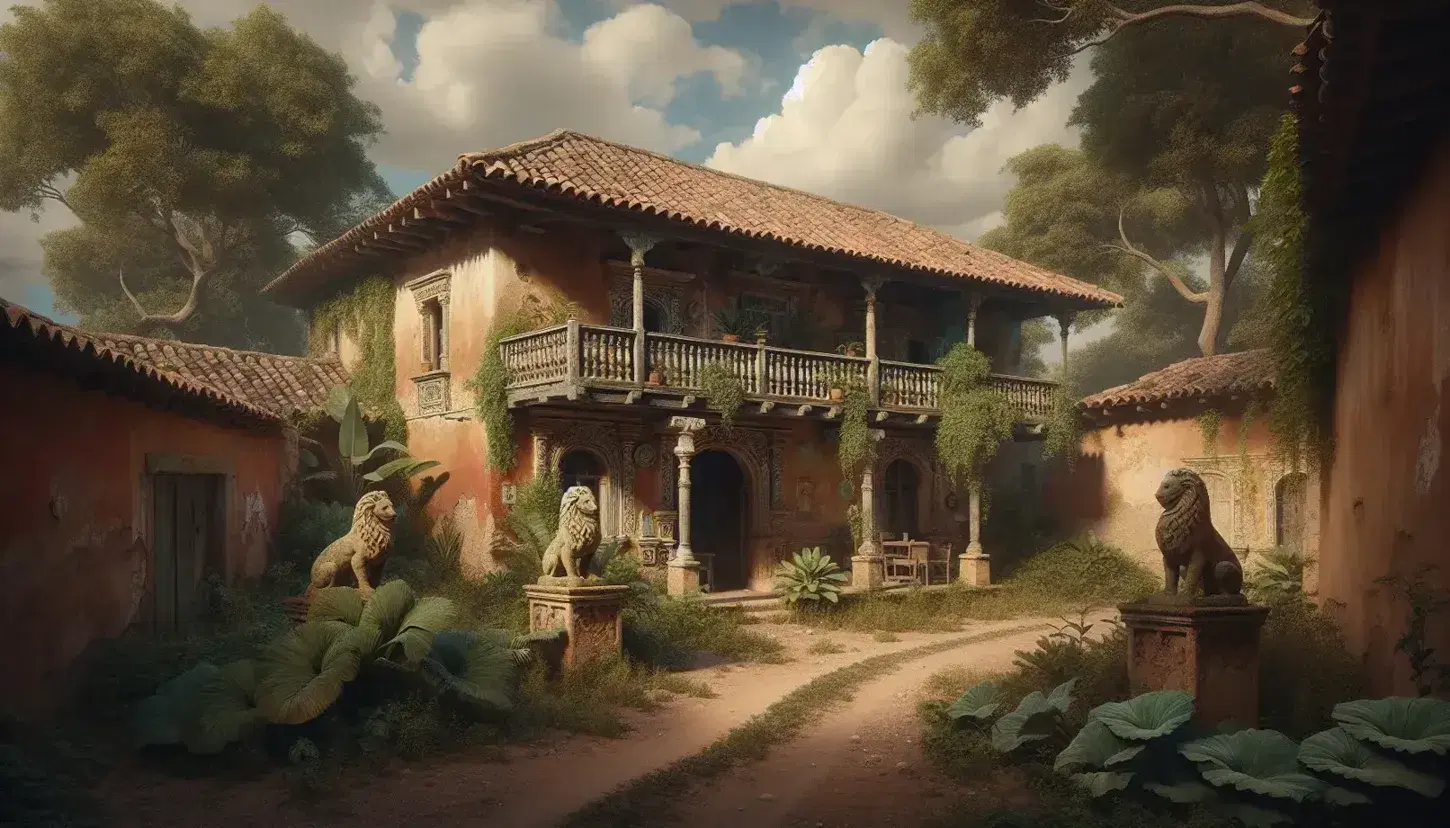 Casa colonial antigua con paredes de adobe desgastadas y pintura descascarada, balcón de madera tallado, tejas rojas y vegetación exuberante, flanqueada por estatuas de leones de piedra.